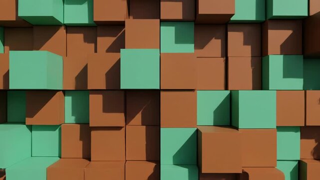 A dynamic 3D animation of shifting cubes creates a textured, abstract background. The geometric pattern shifts, revealing depth and shadow.