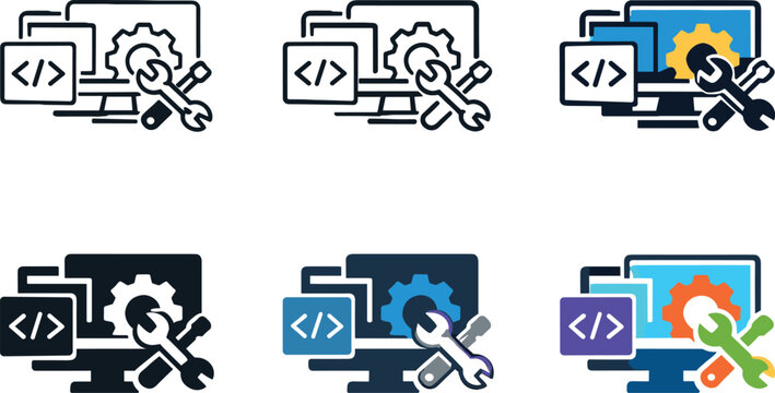 Software toolkit icon showing stylized screens, gears, code blocks, and tool symbols representing application software tools,
