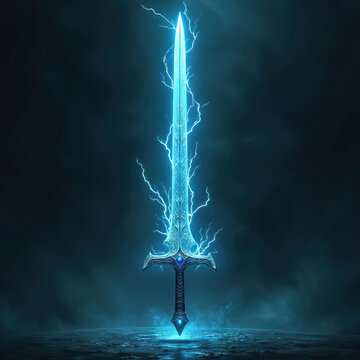Glowing blue sword crackles with electric energy against dark background. Silver hilt gleams with power. Futuristic weapon emits bright light and power.