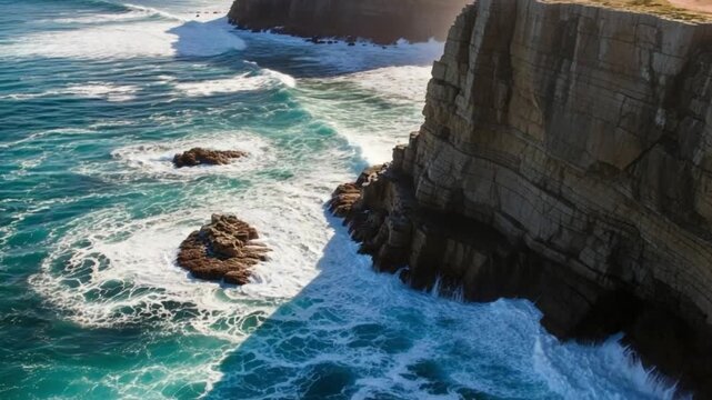 Rugged rocky cliffside with crashing waves and ocean spray on a sunny day