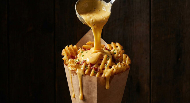Pouring cheese sauce over loaded waffle fries with bacon and chives in paper container