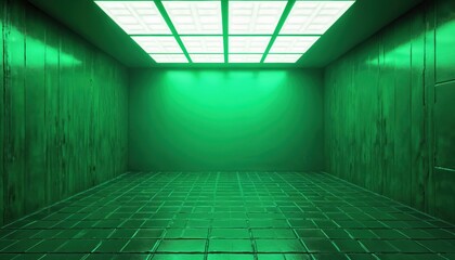 Naklejka premium Green room interior with tiled floor and illuminated ceiling panels. Empty space with smooth walls and bright ambient light. Minimalist geometric design.