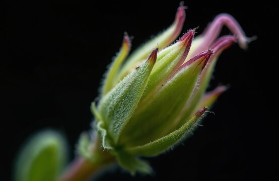 Common figwort flower bud closeup on black background. Green plant stem with purple accents. Macro view of botanical detail. Nature plant growth.
