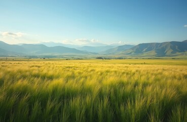 Fototapeta premium Golden barley field undulates under blue sky with distant hazy mountains. Wind blows through tall grass on farmland. Peaceful rural scenery evokes calm.