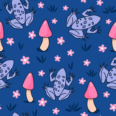 cute hand drawn purple frog, pink mushroom, grass and daisy flowers cartoon magic seamless vector pattern illustration on blue background