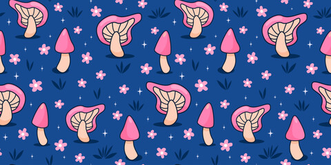 cute hand drawn pink mushroom, grass, stars and daisy flowers cartoon magic horizontal seamless vector pattern illustration on blue background