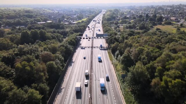 Aerial view of the m6 motorway traffic near birmingham
