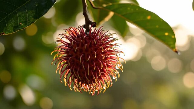 A single ripe red rambutan fruit with spiky skin hangs from a leafy branch illuminated by soft sunlight