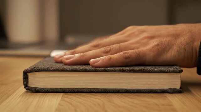 Hand closing notebook. A notebook being closed gradually while a hand rests flat on its cover.