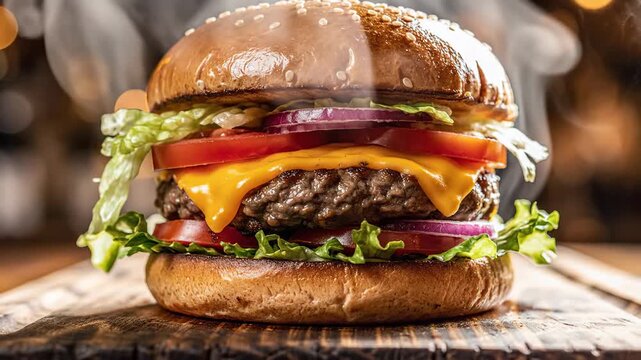 A freshly prepared gourmet cheeseburger with melted cheese lettuce tomato and onion on a toasted bun