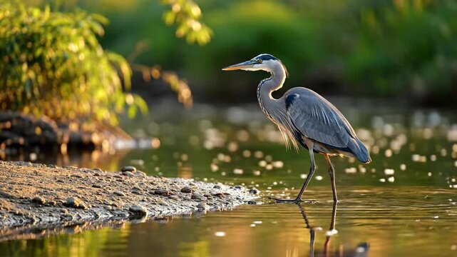 A solitary great blue heron gracefully wades in shallow water at the edge of a sunlit riverbank