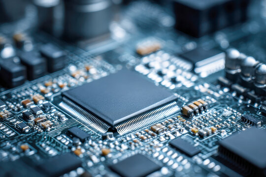 High-tech microchip integrated into a complex electronic circuit board showcasing detailed components and advanced technology in a futuristic close-up view