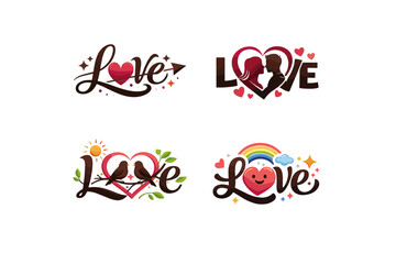 Obraz premium Love Lettering Collection Vector Set – Romantic Typography Designs with Hearts, Rainbow and Floral Elements