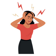 A stressed-out girl under stress, headache. Complex emotions, too many tasks, finding solutions, getting hung up on something. Psychological health	