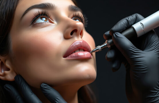 Cosmetician applies permanent lip color using digital tattoo machine. Professional artist shapes lips with needle tool for beauty enhancement. Female client gets lip blush procedure in salon.