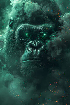 Silverback Gorilla Intense Portrait with Toxic Green Neon Rage Effects on Black Background
