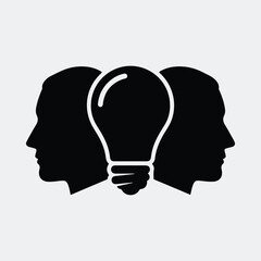 Two human heads facing outward with light bulb in center silhouette vector illustration
