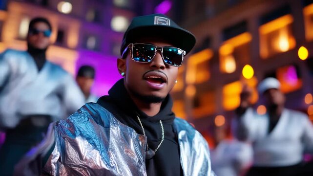Charismatic african american rapper singing and dancing with his crew on a vibrant city street at night, showcasing urban style and musical performance in a cool atmosphere