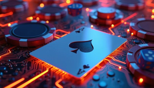 Playing cards and casino chips rest on glowing circuit board. Futuristic gambling technology with neon lights signifies digital chance and winning strategy.