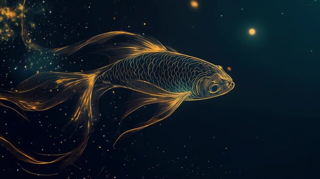 Two golden koi fish swimming in a yin yang circle against a starry black background, a symbol of harmony, balance, spirituality, feng shui and japanese culture