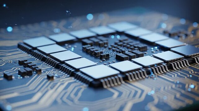 Close up view of a futuristic computer microchip with intricate glowing blue circuitry