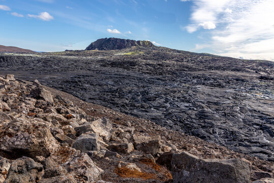 Fagradalsfjall volcano lava field and new crater cone in Iceland.
