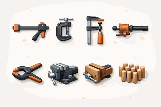 Woodworking Clamps and Fastening Tools Icons Set for Carpentry and Workshop Use