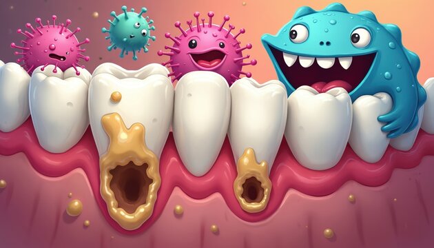 Cute cartoon monsters attack human teeth causing cavities and decay. Dental germs on tooth surface show poor oral hygiene. Microbes harm smile health and cause bad breath.