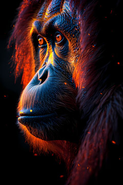 Orangutan Portrait with Spiritual Orange Glowing Embers and Splash Art Style