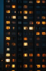 Glowing windows in dark multistory apartment building at night. Warm light spills from many residential units showing urban city life patterns. Modern high rise construction.