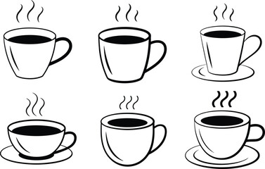 Obraz premium Coffee, cup, mug, icon, set, tea, hot, drink, beverage, caffeine, breakfast, steam, morning, espresso, saucer, flat, vector, illustration, cad, drawing
