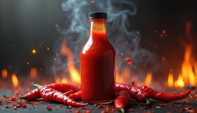 Red chili sauce bottle sits with fresh peppers near blazing fire and smoke. Intense heat and spice create dramatic moody food scene. Great for culinary advertising.