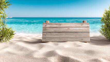 horizontal wooden sign mockup planted in sand, tropical vibe