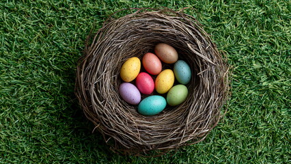 a bird nest filled with colorful easter egg