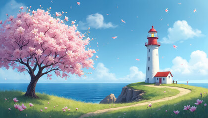 Naklejka premium Spring blossoms frame a coastal lighthouse. A path winds through green grass and pink flowers toward the white tower with red roof. Ocean waves gentle lap the shore below.
