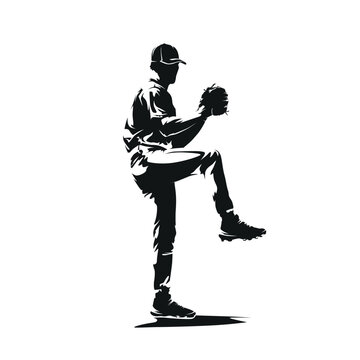 Baseball player, pitcher throws ball, isolated vector silhouette. Team sport athlete. High contrast logo