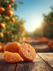 oranges on a wooden table in an orange grove