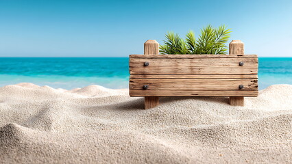 blank horizontal wooden sign mockup planted in sand, tropical vibe
