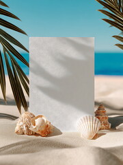 plain white greeting card mockup on the beach with seashells for summer holiday greetings