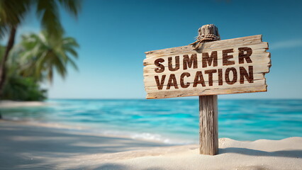 a summer tropical beach with wooden sign reading a "SUMMER VACATION" with starfish and seashell on under the sign