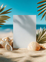 plain white greeting card mockup on the beach with seashells for summer holiday greetings