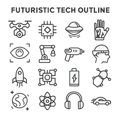 Futuristic technology icons depict robotics space travel artificial intelligence and advanced digital concepts