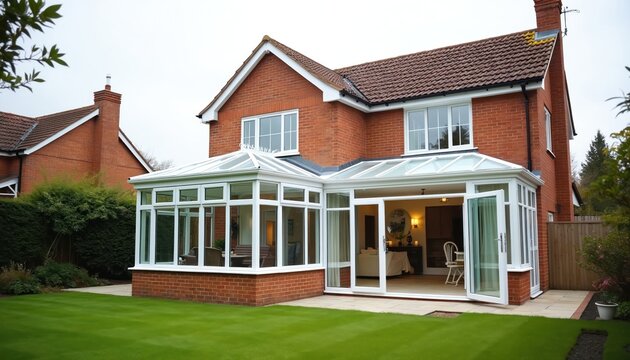 Brick house has white glass conservatory extension with patio doors open to garden. Interior shows living area furniture, natural light fills room. Extension adds extra living space.