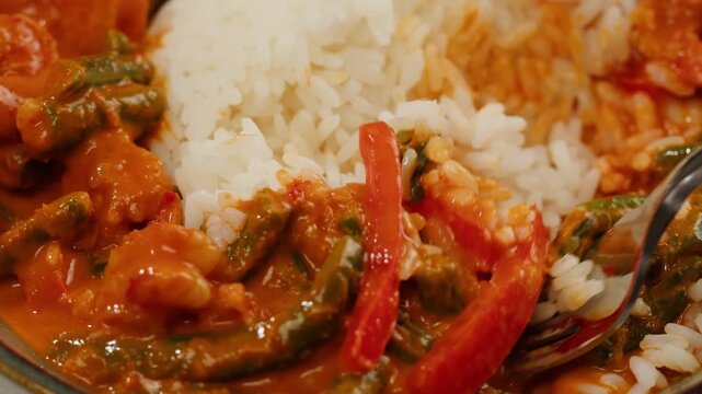 Tamarind red prawn curry cooking, shrimps in tomato ginger sauce, asian kitchen, Chinese restaurant.