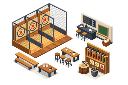 Isometric axe throwing venue with targets, seating, and axe display