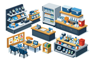 Obraz premium Isometric illustration of a modern retail store interior with various products and displays