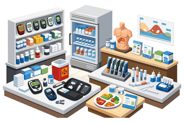 Fototapeta premium Diabetes care supplies and medical equipment display in a clinic or pharmacy setting