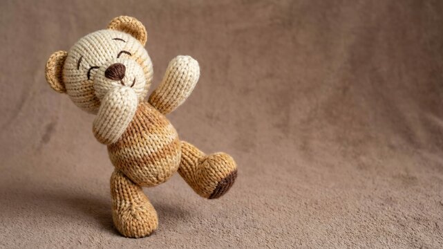 遊び心あふれる編みぐるみくまの笑いポーズ