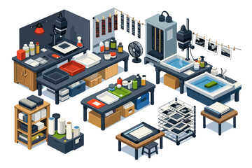 Obraz premium Isometric darkroom setup with developing trays, enlarger, and drying lines