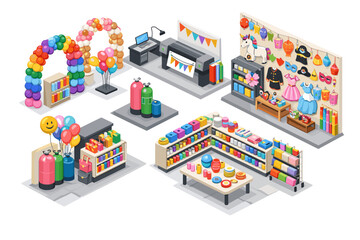 Fototapeta premium Isometric illustration of a party supply store with balloons, costumes, and decorations